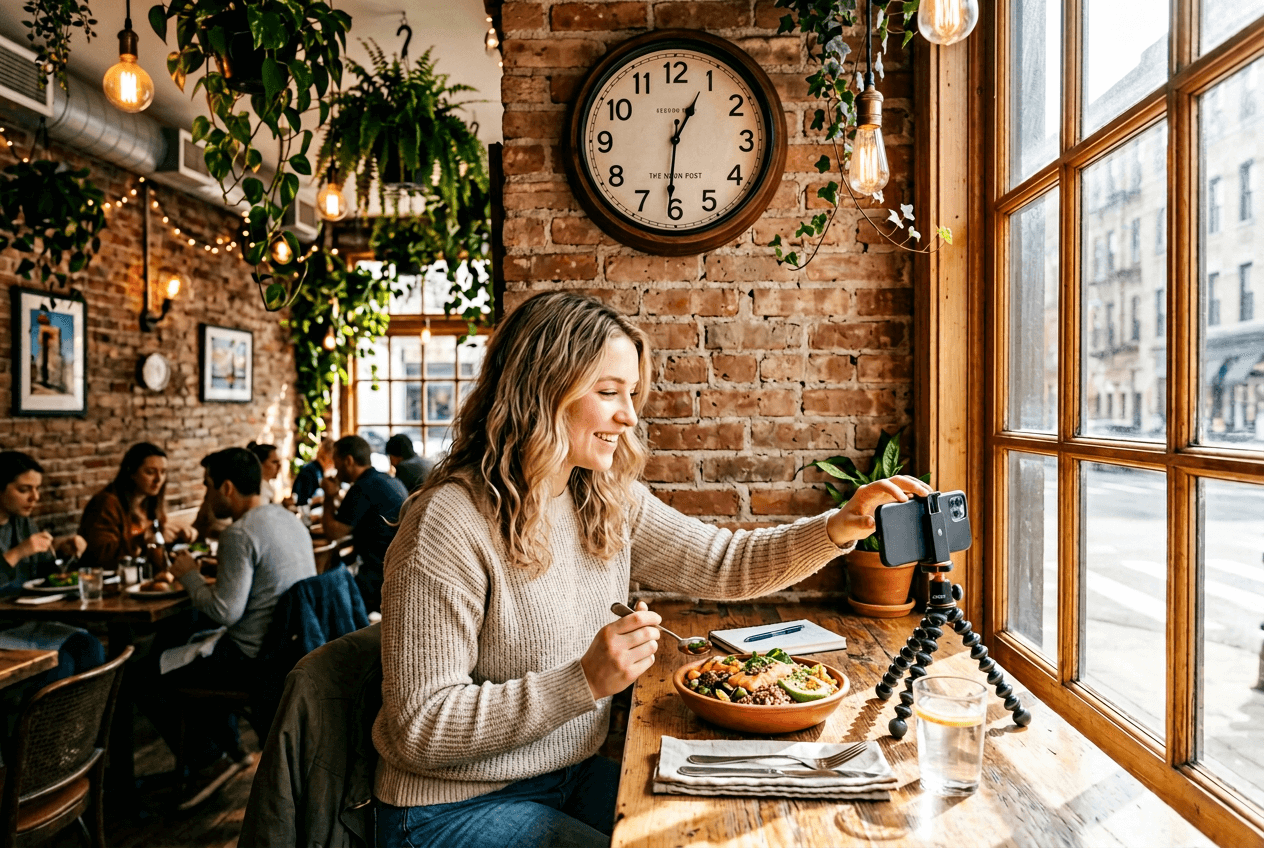 Food content creator photographing a lunch bowl at midday in a sunlit restaurant showing best Instagram posting time