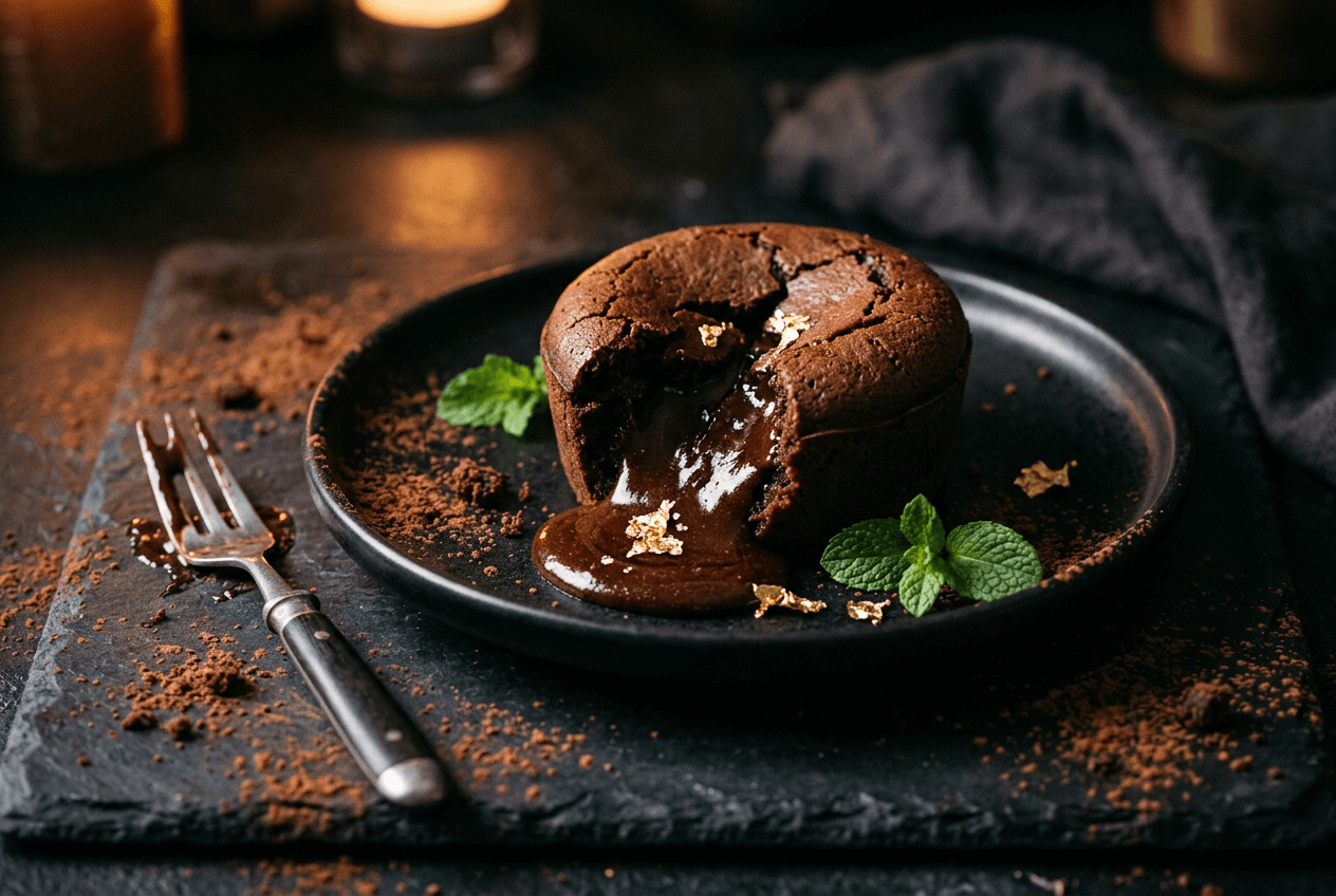 Dark moody food photography of a chocolate lava cake with dramatic side lighting on a slate surface