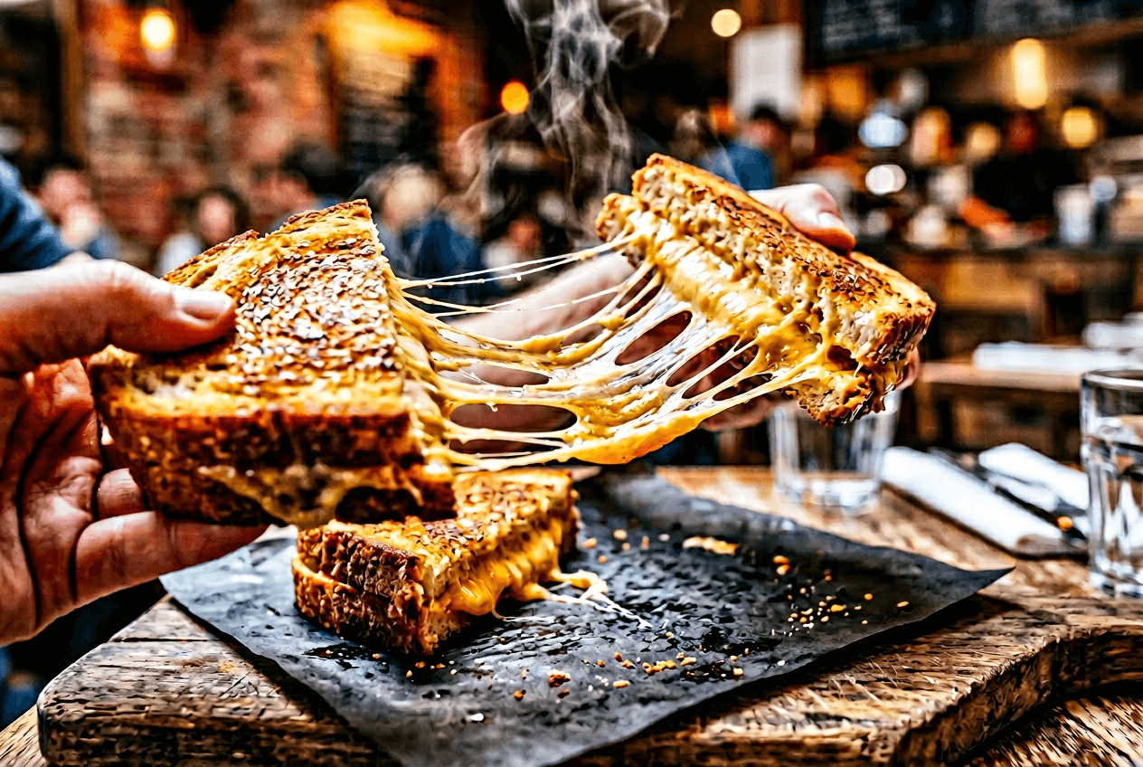 Action shot of melted cheese pull from a grilled cheese sandwich showing dynamic food photography technique for Instagram