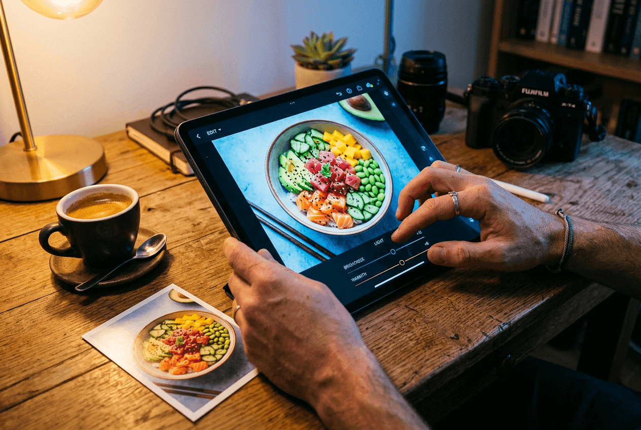 Food photographer editing a poke bowl photo on a tablet showing the editing workflow for Instagram content