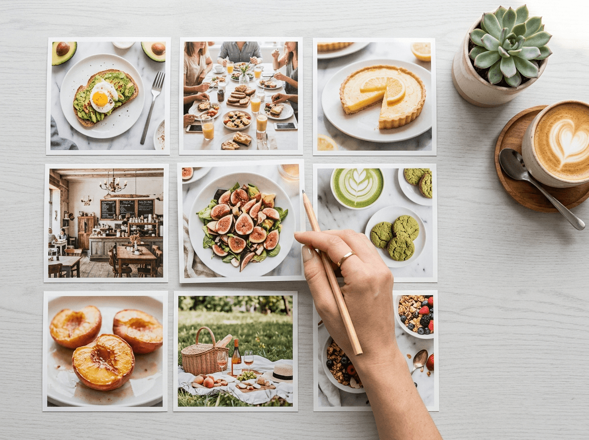 Food Instagram grid planning layout showing nine cohesive food photos arranged in a consistent warm color palette