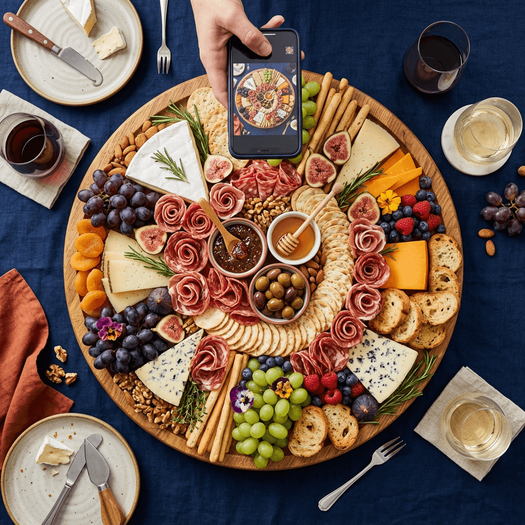 Overhead flat-lay food photography of a loaded charcuterie board arrangement showing Instagram composition technique