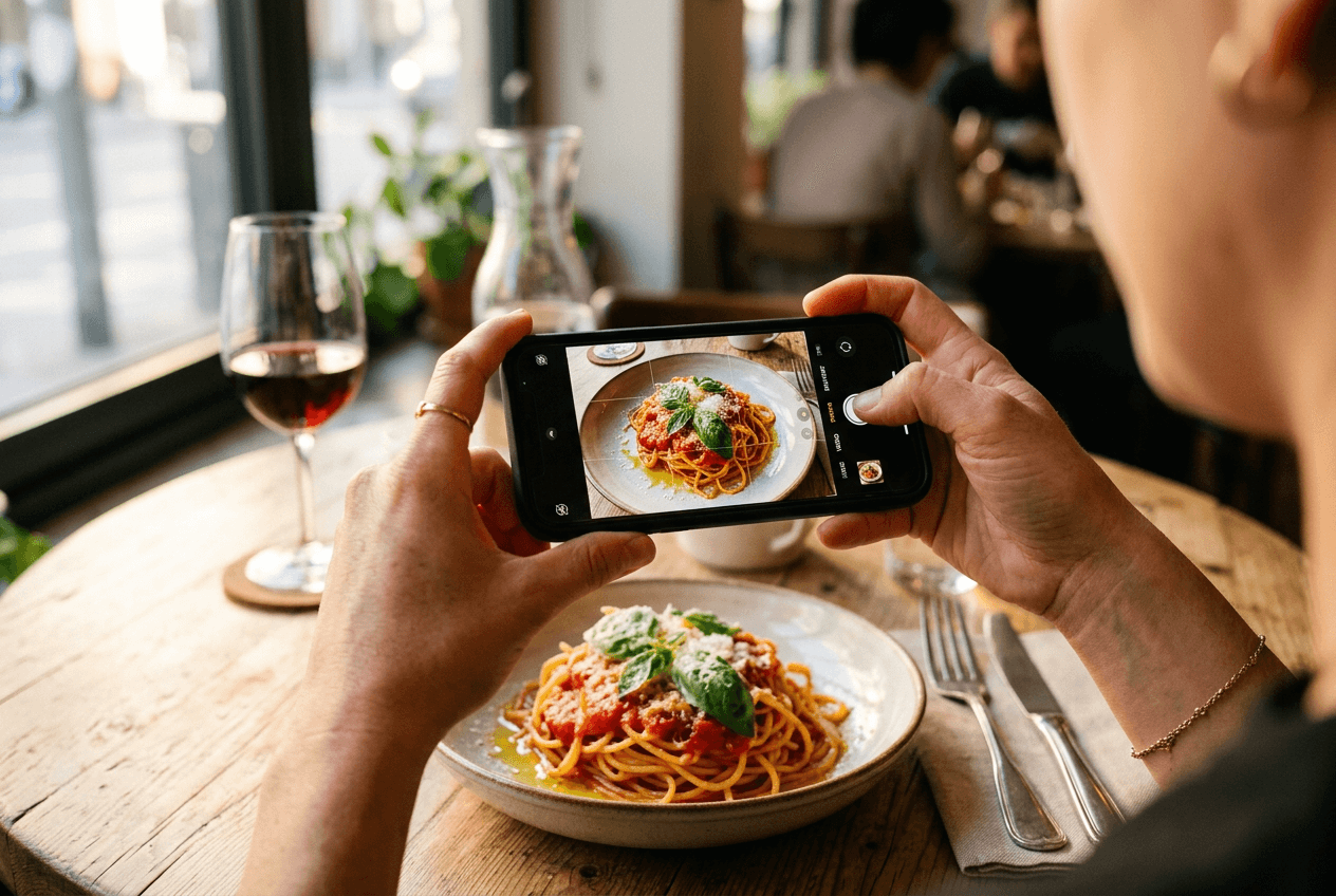 Hands holding smartphone to photograph a pasta dish in natural cafe window light for Instagram food content