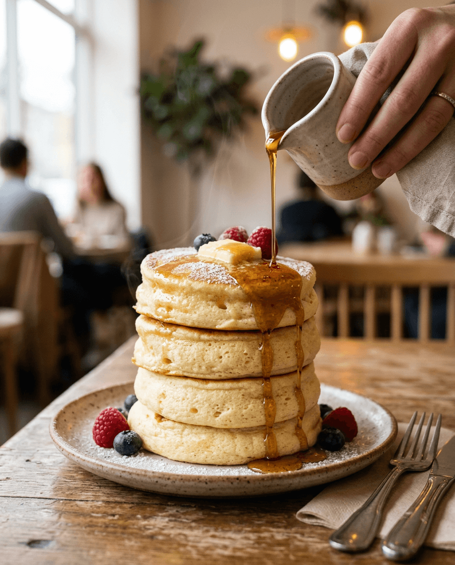 Eye-level food photography of Japanese souffle pancakes with maple syrup pour showing the 45-degree angle technique