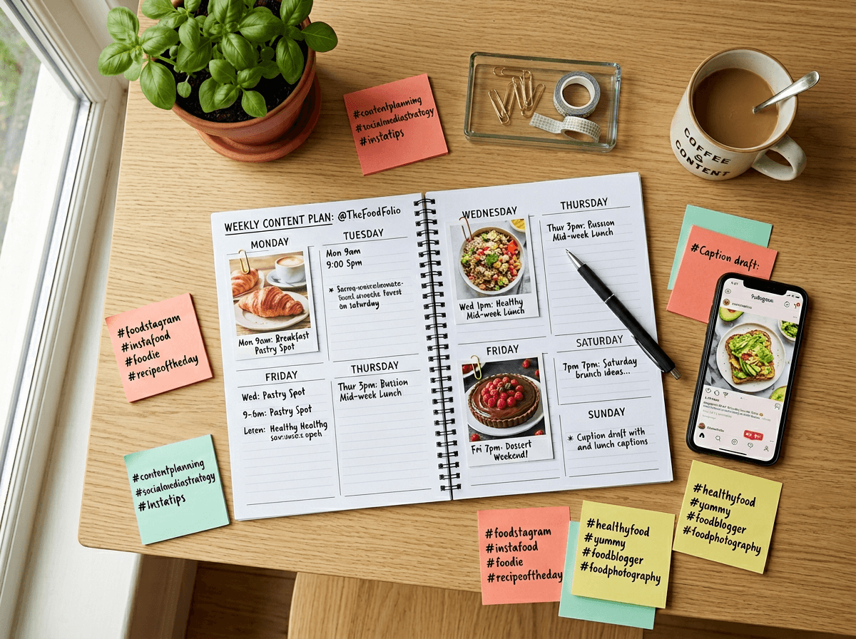 Weekly food Instagram content calendar planning workspace with planner, food photos, and hashtag sticky notes
