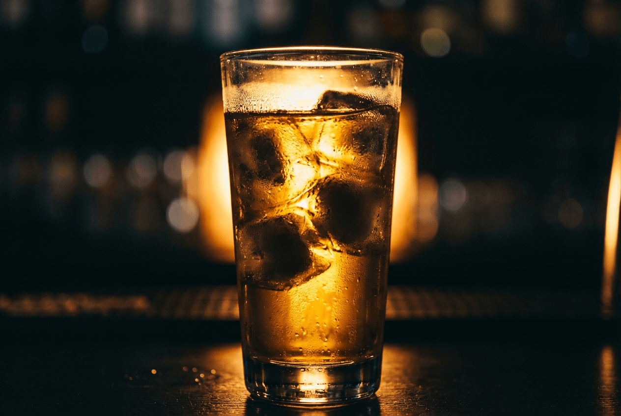 Gegenlicht-Cocktailfotografie zeigt bernsteinfarbenes Licht, das durch das Glas leuchtet — Demonstration der Gegenlicht-Technik für Getränke