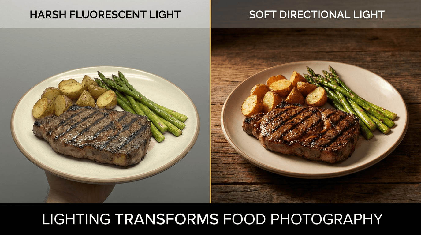 Direktvergleich von Essen unter hartem Deckenlicht versus weichem Seitenlicht mit deutlichem Qualitätsunterschied