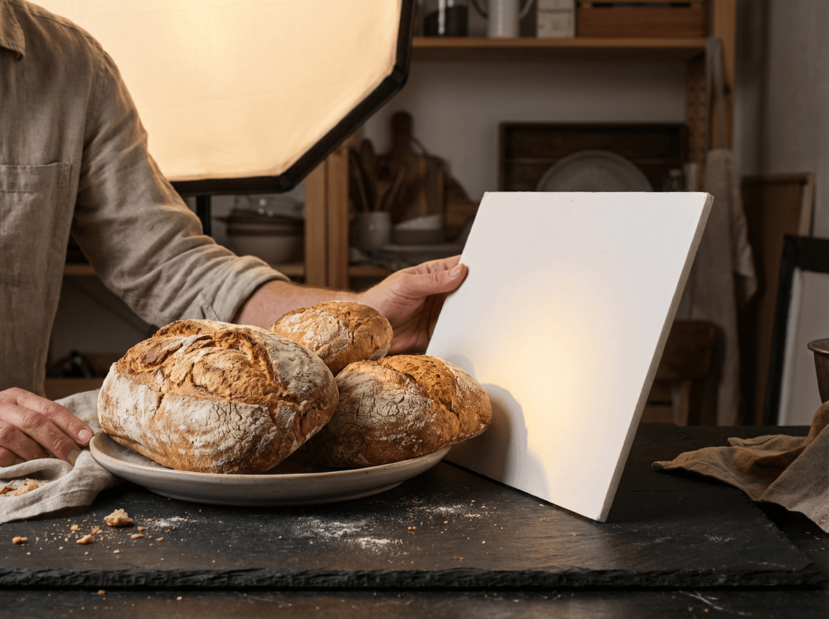 Food-Fotograf verwendet einen weißen Schaumstoff-Reflektor, um Licht auf handwerkliches Brot zu lenken und die Schattenaufhellung zu verbessern