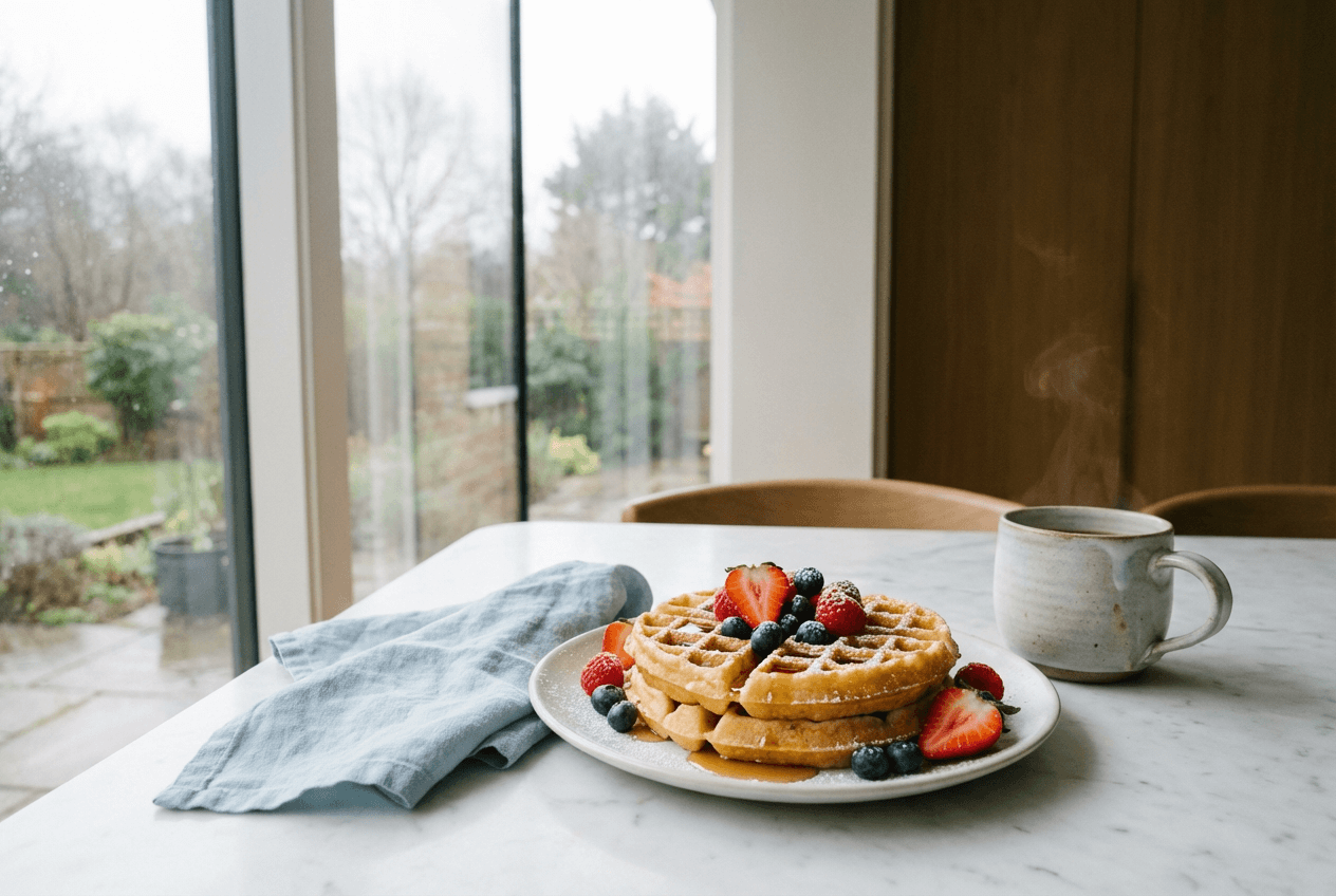Natürliches Fensterlicht beleuchtet einen Frühstücksteller mit weichen, diffusen Schatten — ideal für die Food Fotografie