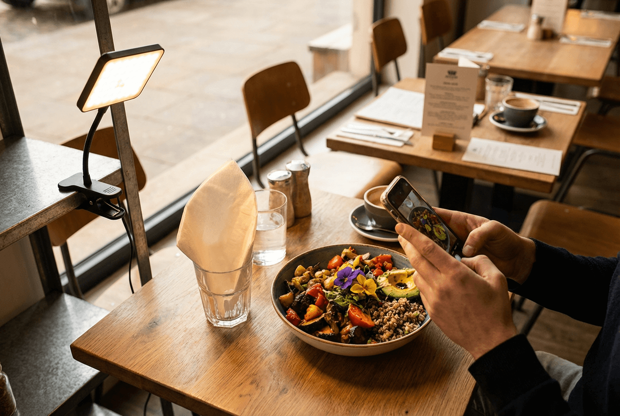 Restaurantbesitzer fotografiert Essen mit dem Smartphone am Fenster — mit tragbarem LED-Panel und Serviette als Reflektor