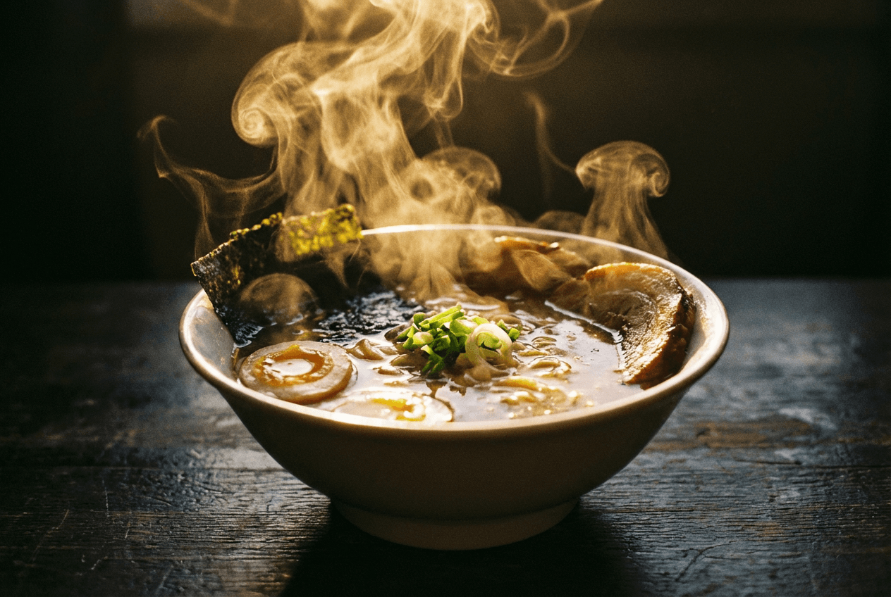 Seiten-Gegenlicht fängt aufsteigenden Dampf über einer Ramen-Schüssel ein — ideale Lichtsetzung für die Food Fotografie von heißen Suppen