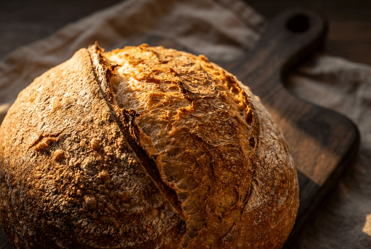 Dramatisches Seitenlicht zeigt die Textur einer handwerklichen Sauerteigbrotkruste — Food Fotografie für Backwaren