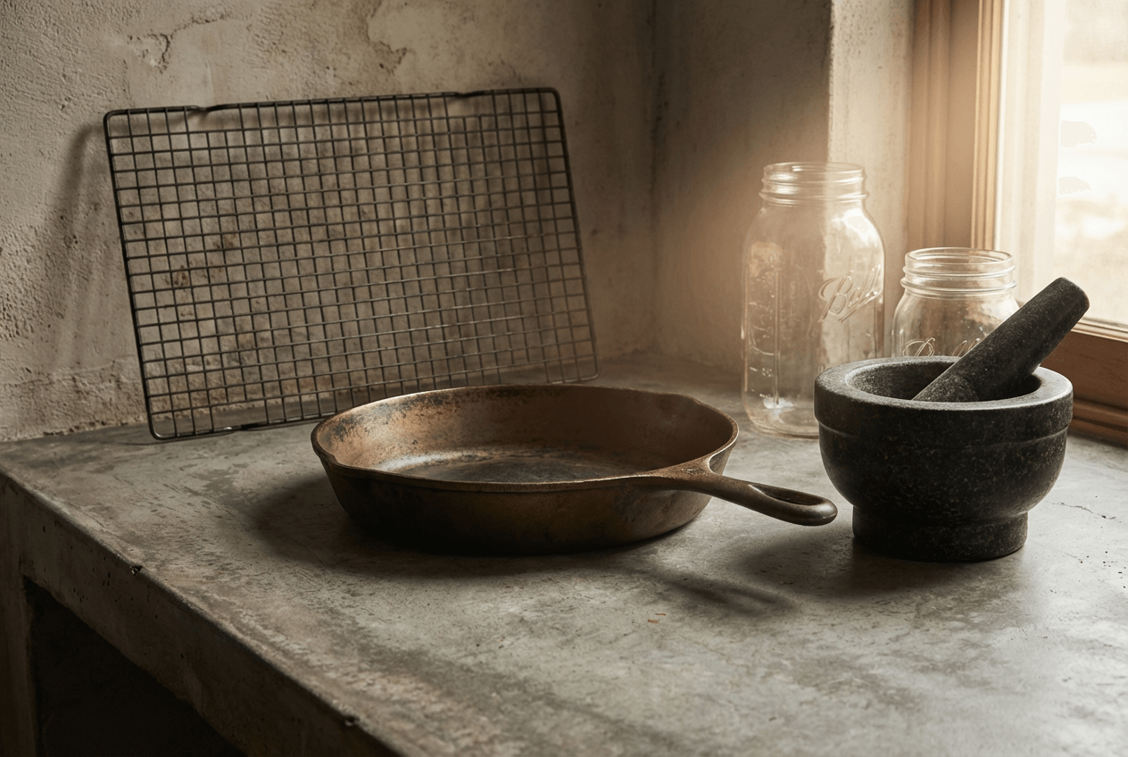 Utensílios de cozinha para food photography, incluindo frigideira de ferro fundido, almofariz de pedra, grelha de arrefecimento e frascos mason jar