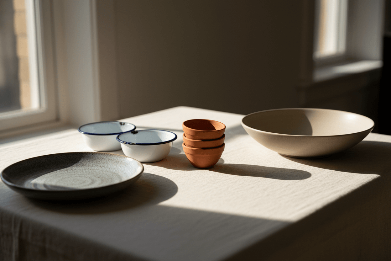 Coleção curada de pratos para food photography com cerâmica salpicada, taças esmaltadas, taças pequenas e louça de grés mate