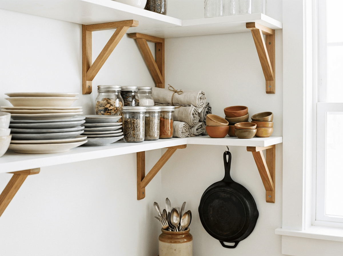 Coleção organizada de acessórios de food photography em prateleiras com pratos vintage, mason jars, guardanapos de linho e utensílios de cozinha