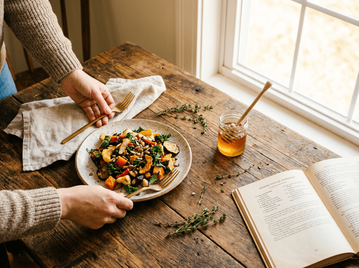 Mãos a dispor acessórios de food photography, incluindo talheres dourados, prato de cerâmica, guardanapo de linho e ervas frescas numa mesa rústica