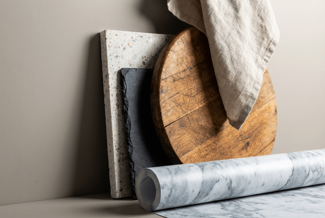 Superfícies e fundos para fotografia de comida, incluindo vinil de mármore, azulejos de pedra, tábua de madeira rústica e toalha de linho