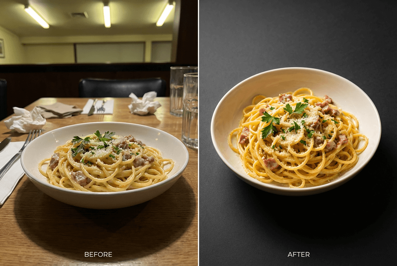 Before and after comparison of amateur versus professional restaurant menu food photography transformation