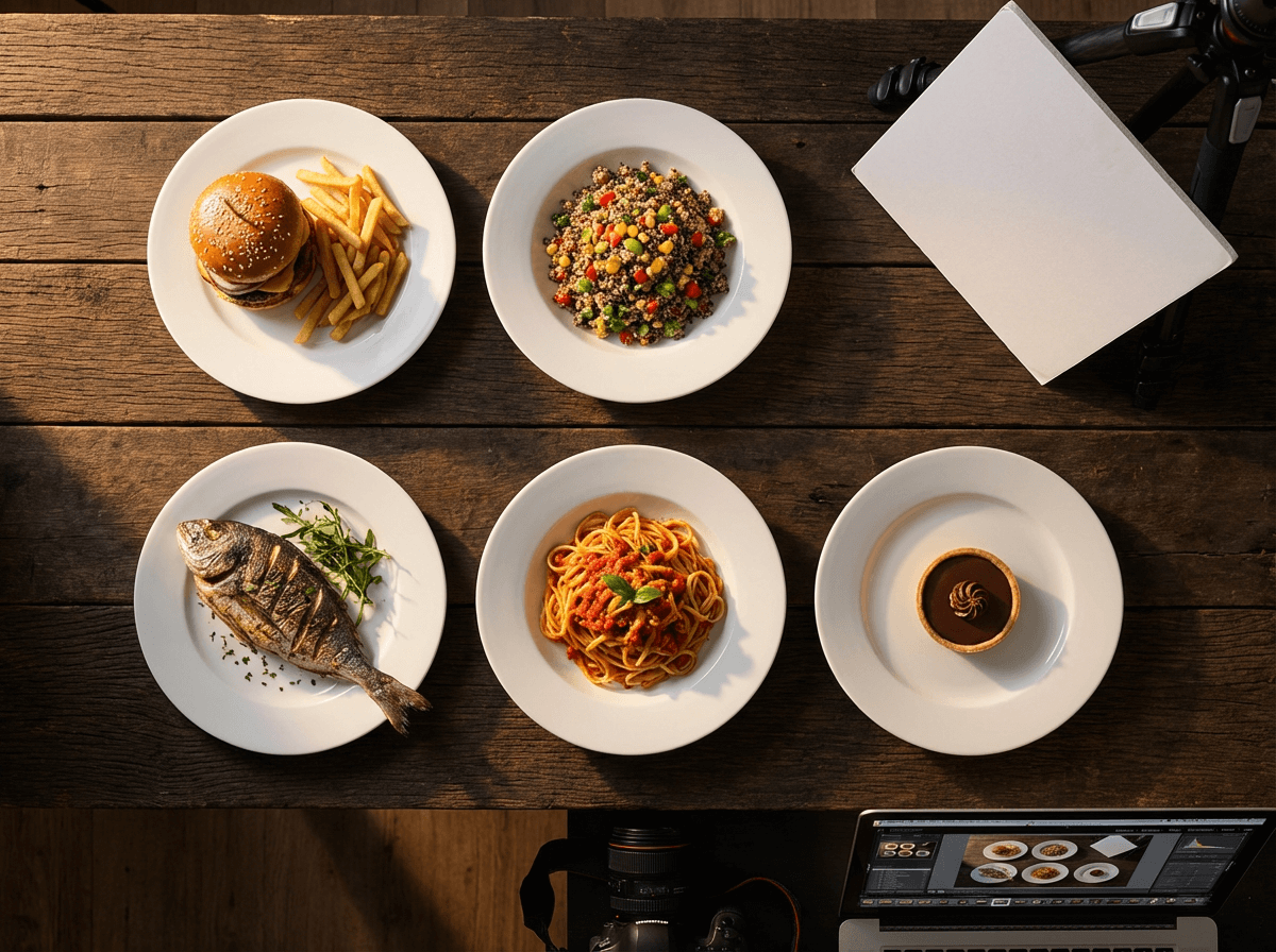 Five restaurant menu dishes arranged on identical white plates demonstrating visual consistency in food photography lighting and background