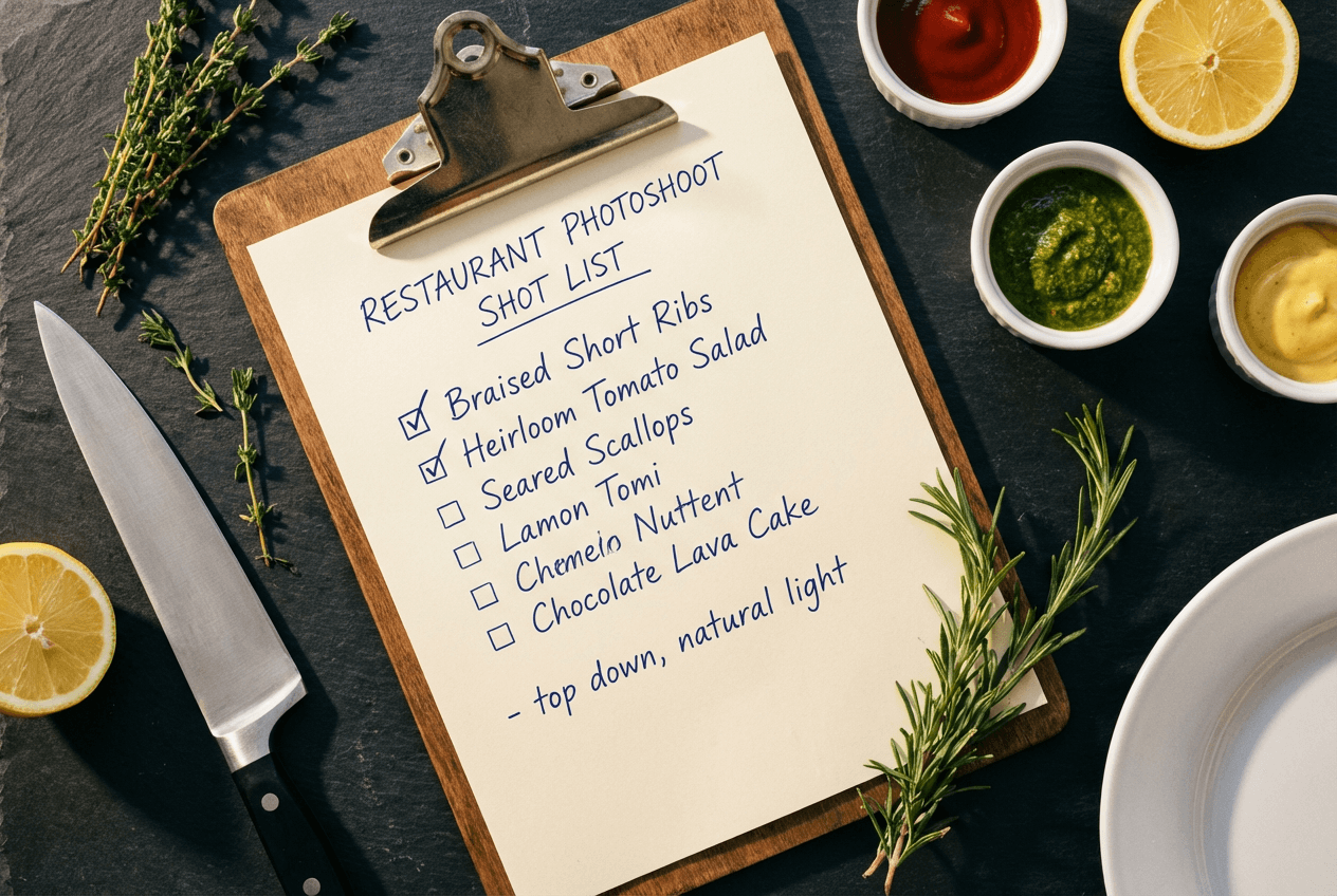 Menu photoshoot planning with handwritten shot list on clipboard surrounded by fresh ingredients on dark slate surface