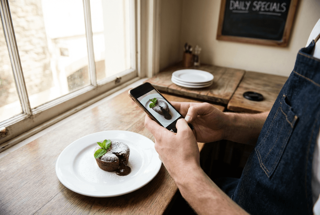 Restaurant owner photographing chocolate lava cake dessert with smartphone near window light during menu photoshoot