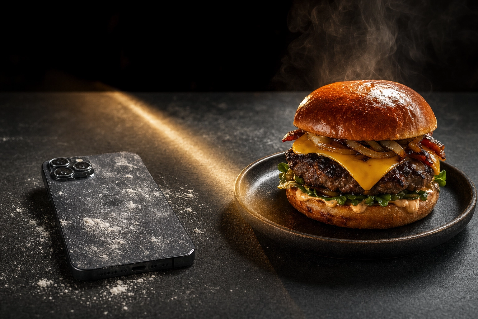 Flour-dusted smartphone beside a dramatically lit gourmet burger with steam and golden rim light on a dark concrete surface