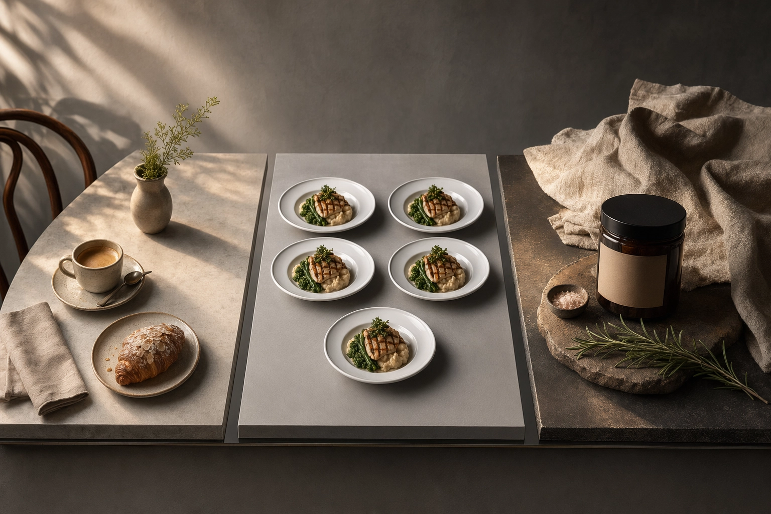 Three miniature food scenes side by side showing cafe, multi-location chain, and CPG product photography approaches on a neutral gray surface
