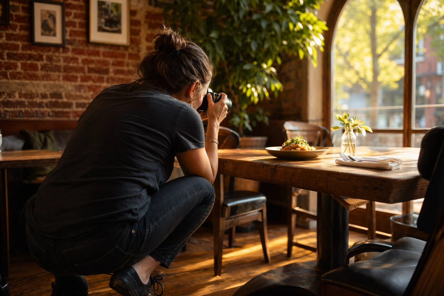 Freelance food photographer crouched with mirrorless camera photographing a plated dish near a sunlit arched window in a small restaurant
