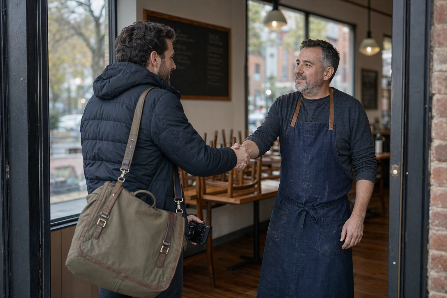 On-demand photographer with camera arriving at a restaurant entrance shaking hands with the chef owner during pre-service daylight