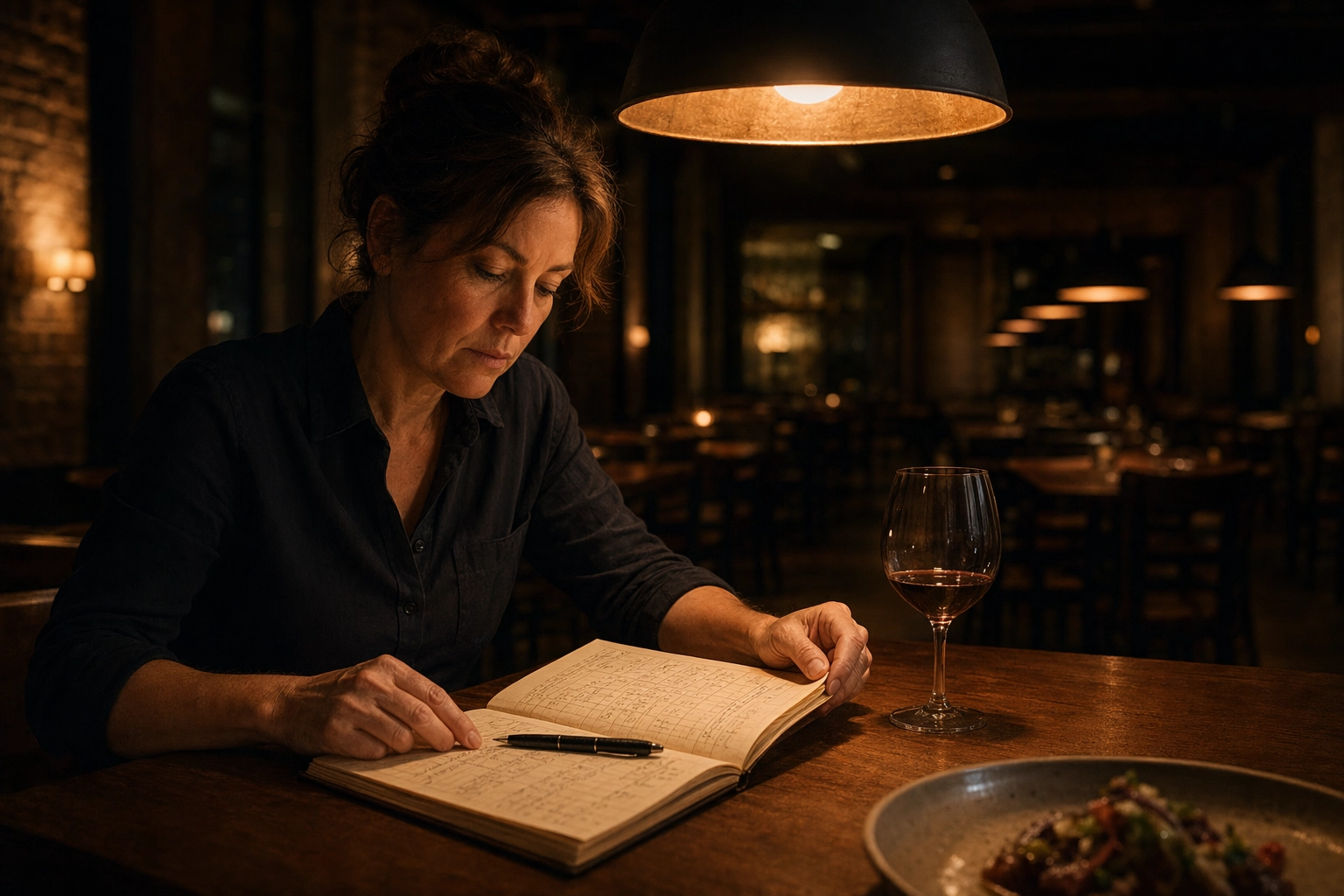 Restaurant owner reviewing a handwritten budget notebook under warm pendant light at a wooden table in her empty restaurant after hours