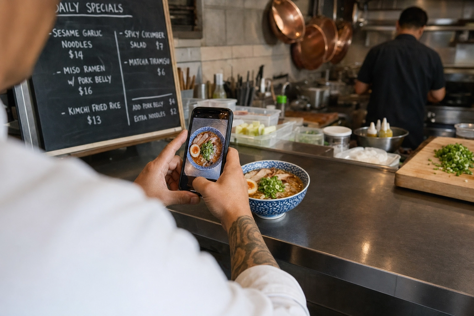 Chef using smartphone to photograph a fresh bowl of ramen on a prep counter in a real working restaurant kitchen