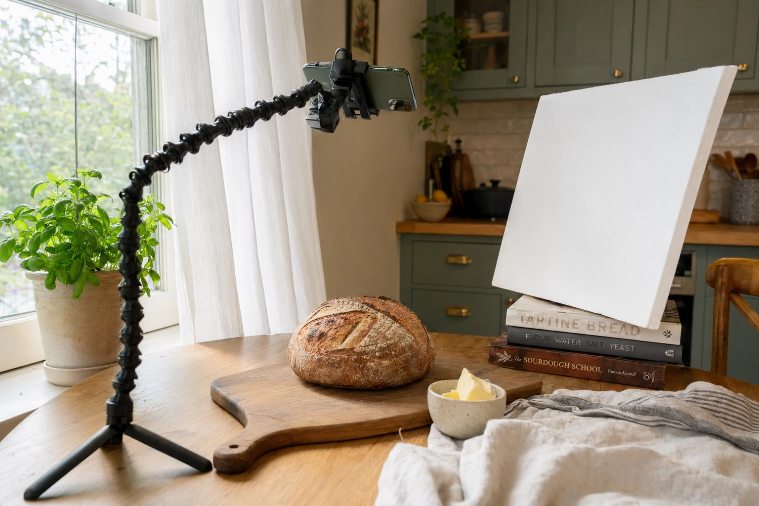 DIY home food photography setup with smartphone tripod, foam board reflector, sourdough on cutting board near a sunlit window