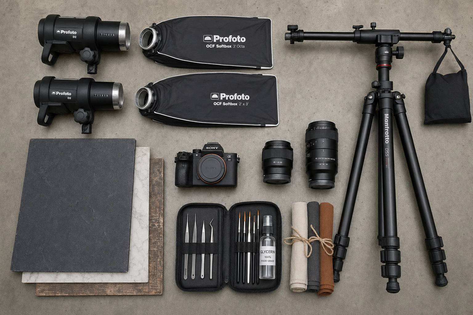 Overhead flat-lay of food photography studio equipment including strobes, softboxes, mirrorless camera, lenses, tripod, and styling tools