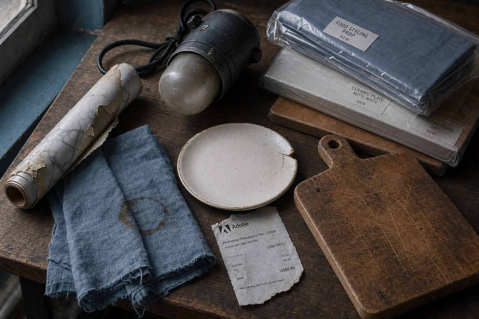 Worn food photography studio props including stained linen, chipped plate, scarred cutting board, and exhausted bulb showing ongoing replacement costs