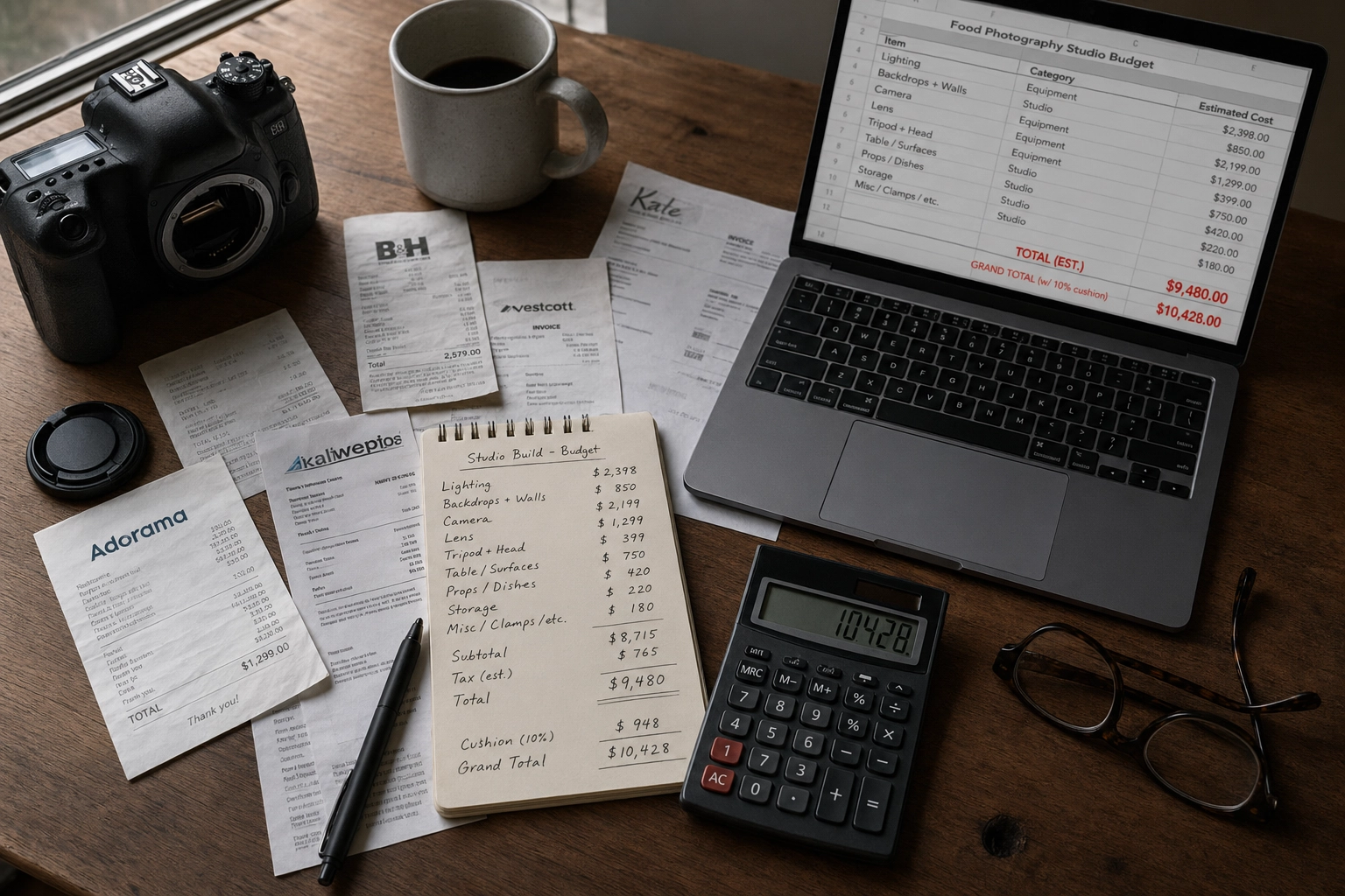 Desk view with photography equipment receipts, calculator, laptop spreadsheet, and DSLR showing the real cost of building a food photography studio