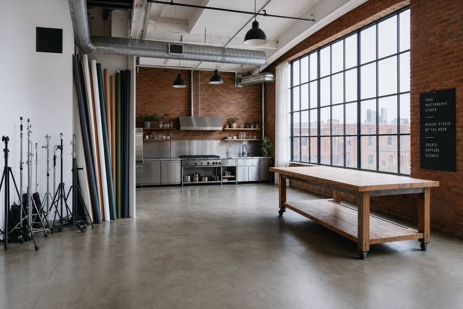 Empty rental food photography studio with high ceilings, kitchen counter, large windows, and waiting equipment