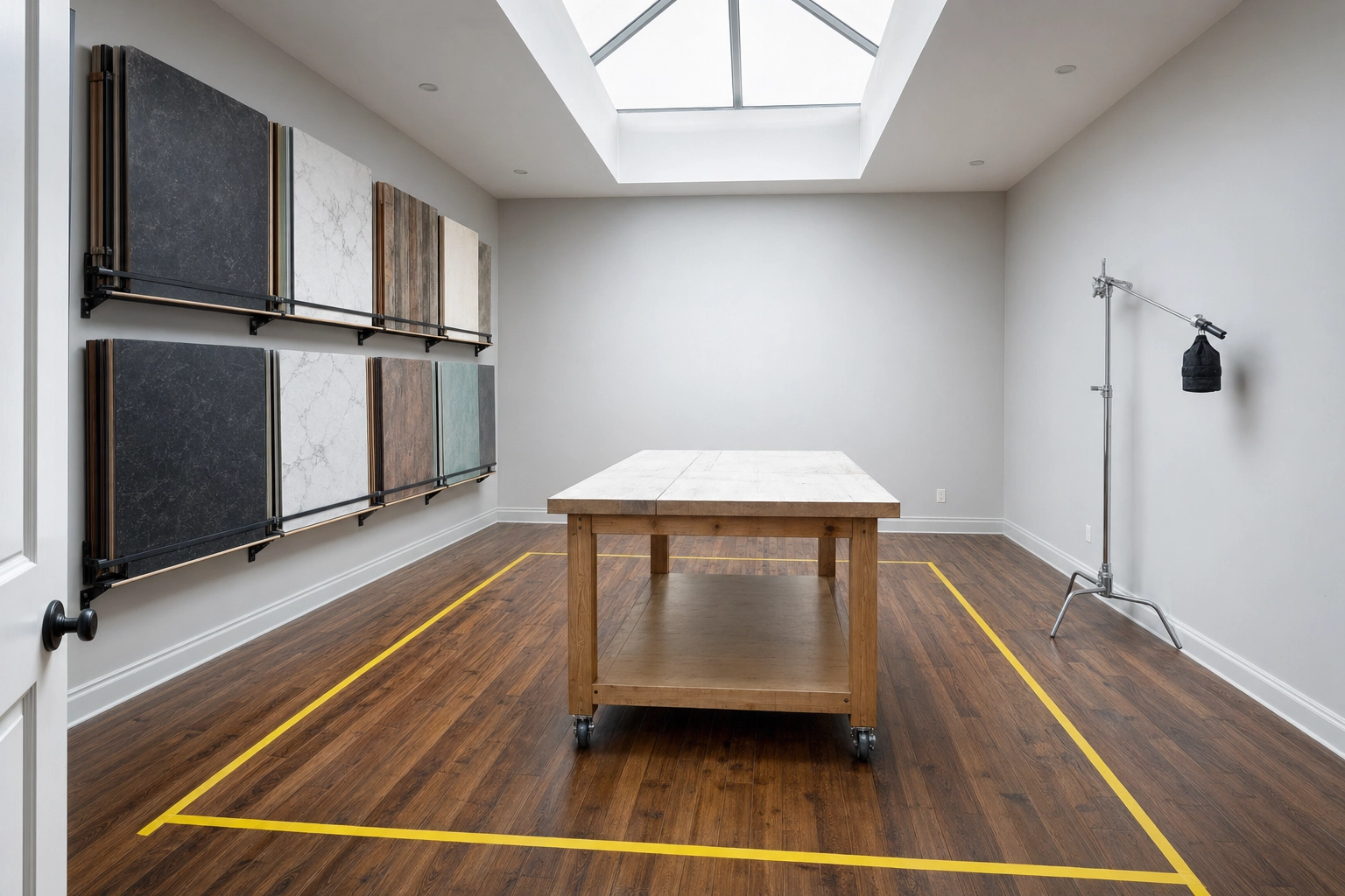 Empty 12x15 foot dedicated food photography studio room with shooting table, backdrop storage shelves, and skylight