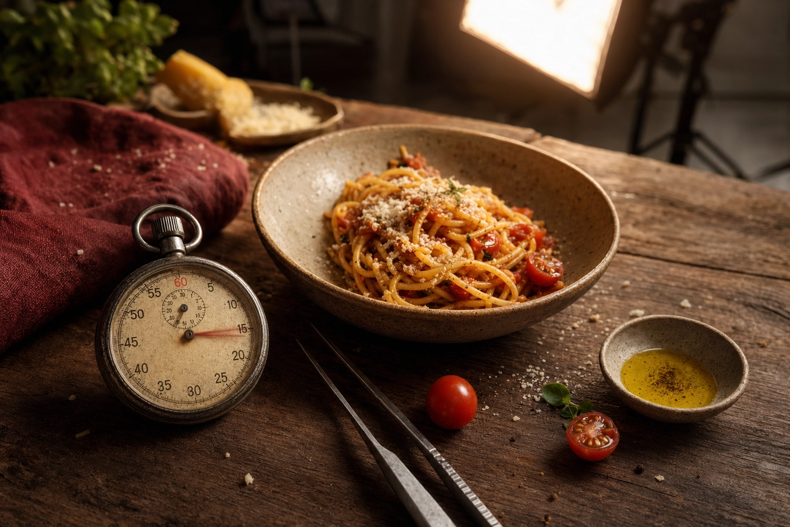 Analog stopwatch resting on a wooden surface beside a half-styled pasta bowl symbolizing time spent on food photography