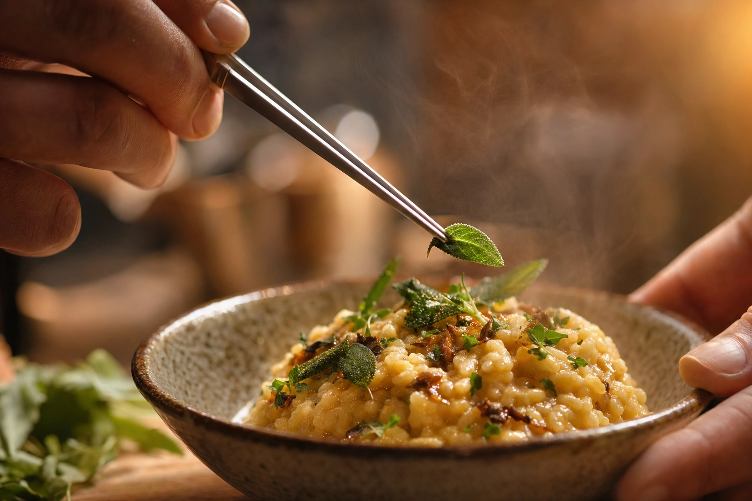 Close-up of food stylist hands using tweezers to place fresh herb garnish on a risotto under studio lighting