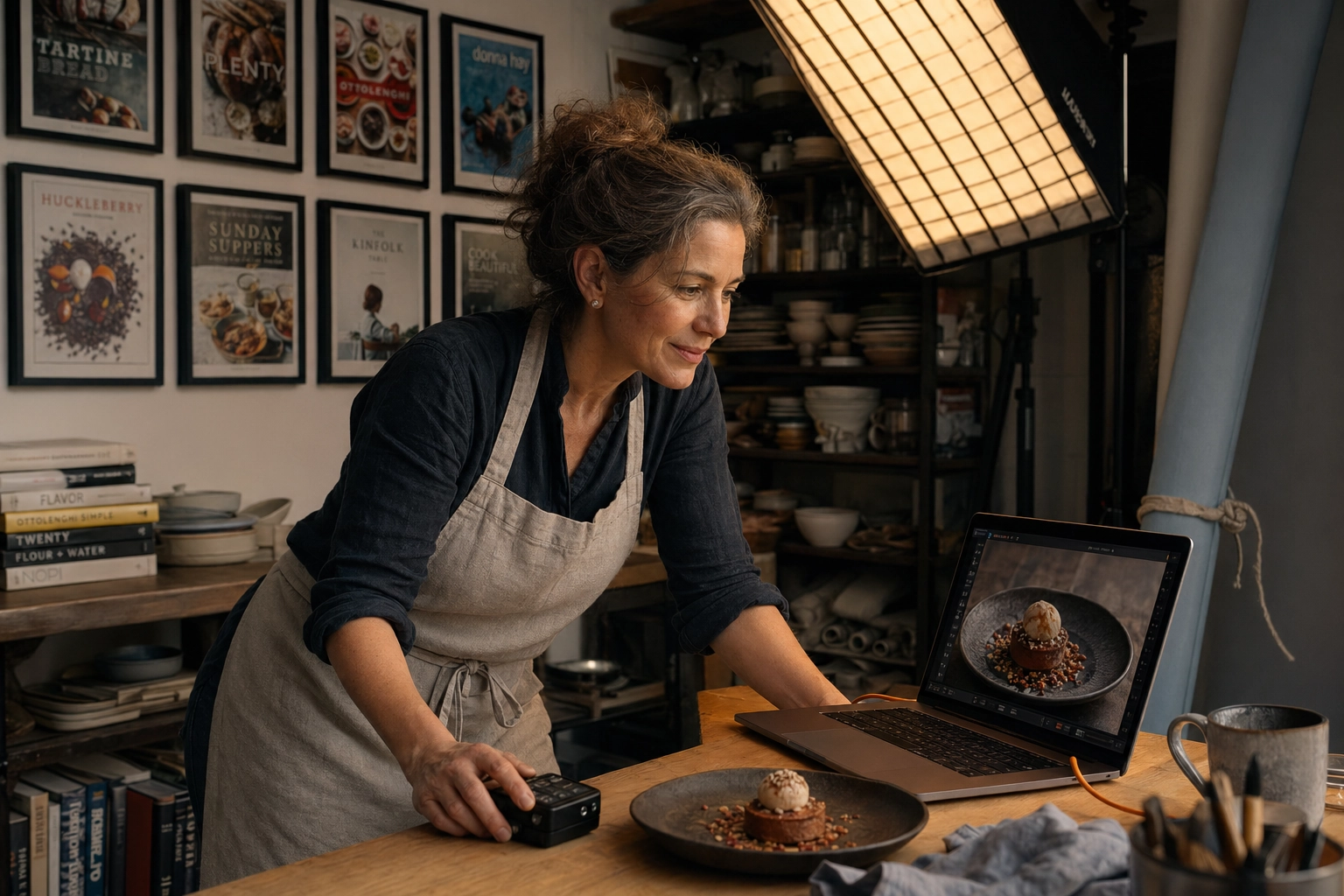 Professional food photographer working in her established studio reviewing a tethered laptop image of a dessert plate