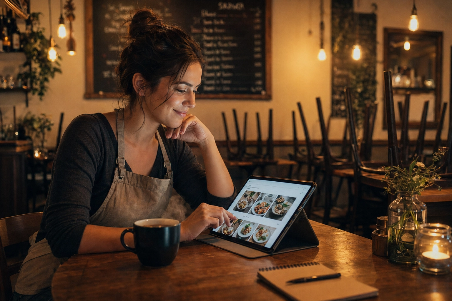 Restaurant owner reviewing professionally styled food photos on a tablet inside her dimly lit bistro after service