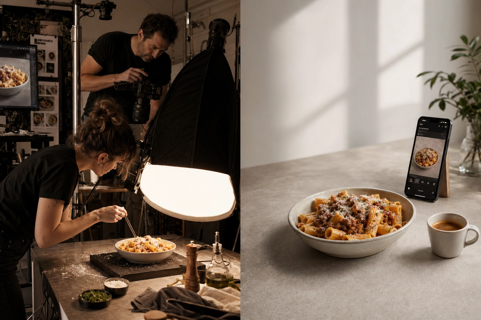 Side-by-side diptych contrasting a complex food photography studio shoot with a calm minimalist phone-and-AI workflow
