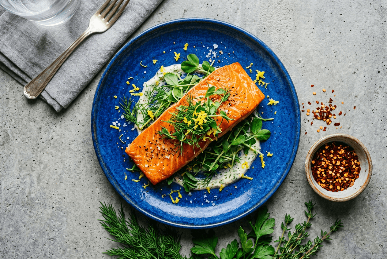 Color contrast food photography technique with complementary orange salmon and blue plate combination