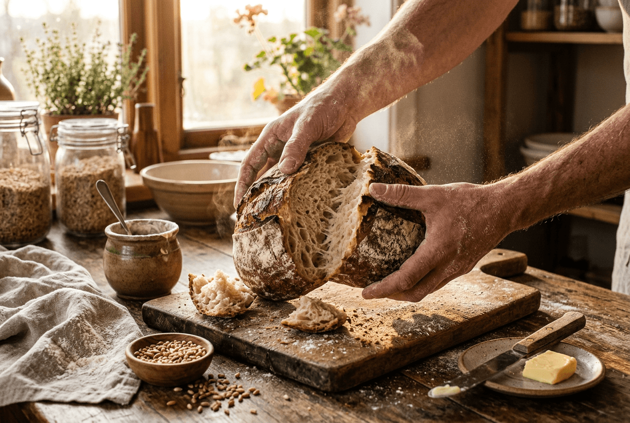 Environmental storytelling food photography technique with hands tearing bread surrounded by ingredients