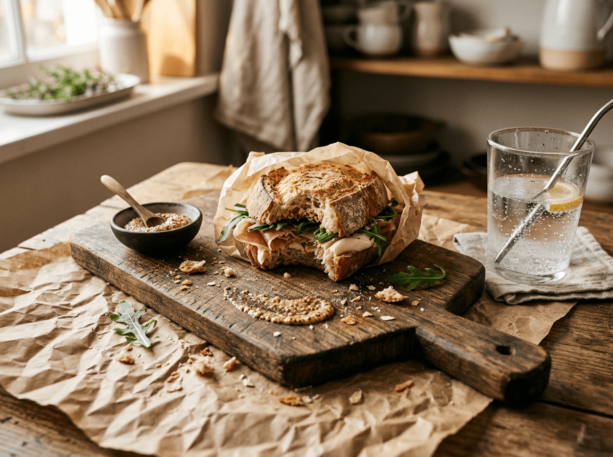 Imperfect perfect food photography styling technique with torn sandwich and scattered crumbs