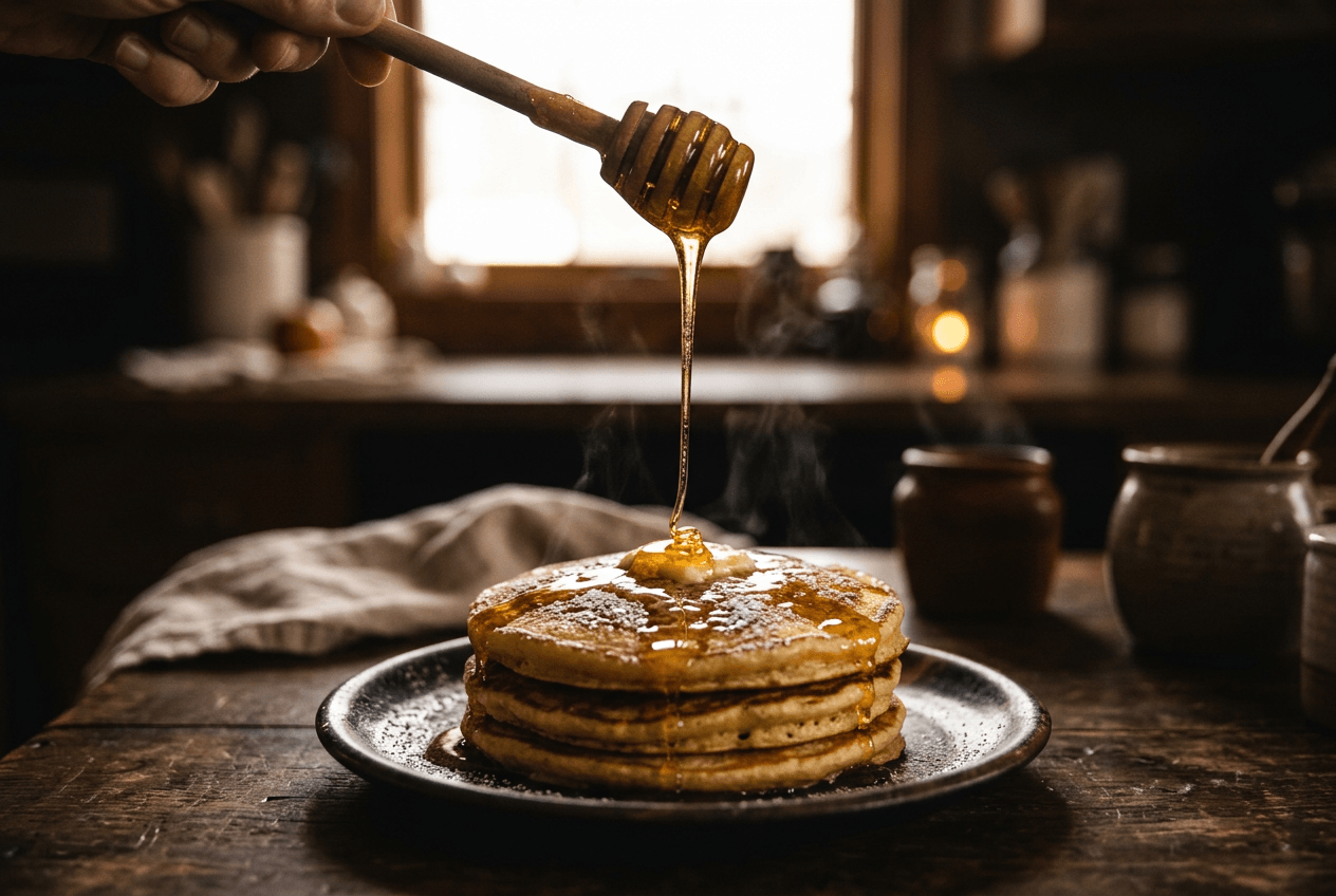 Movement pour shot technique in food photography showing honey drizzle frozen mid-air over pancakes