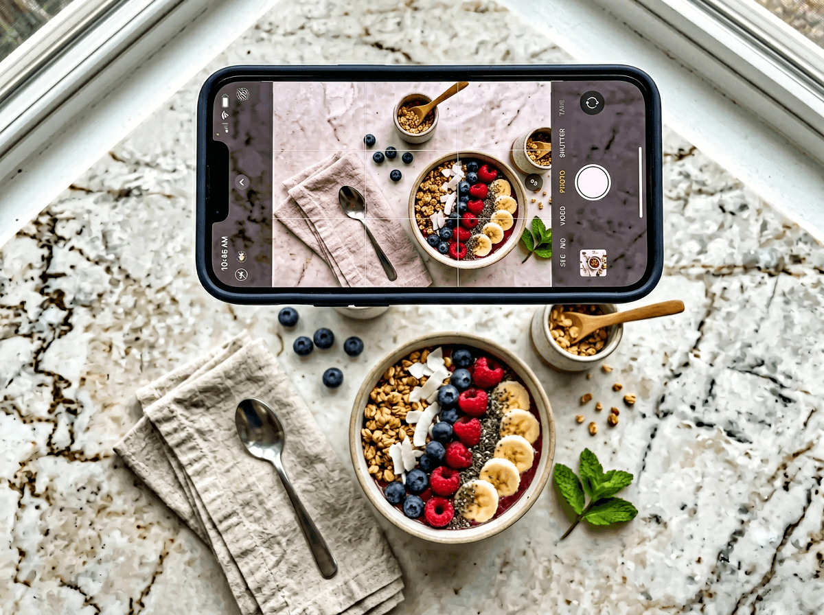 Rule of thirds grid overlay on smartphone camera app demonstrating food photography composition placement