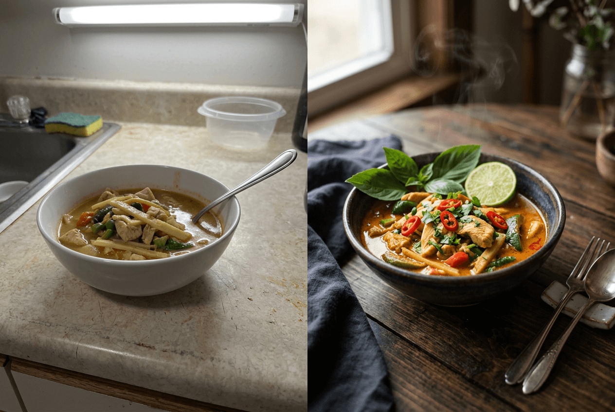 Before and after food photography technique comparison showing amateur snapshot versus styled professional photo