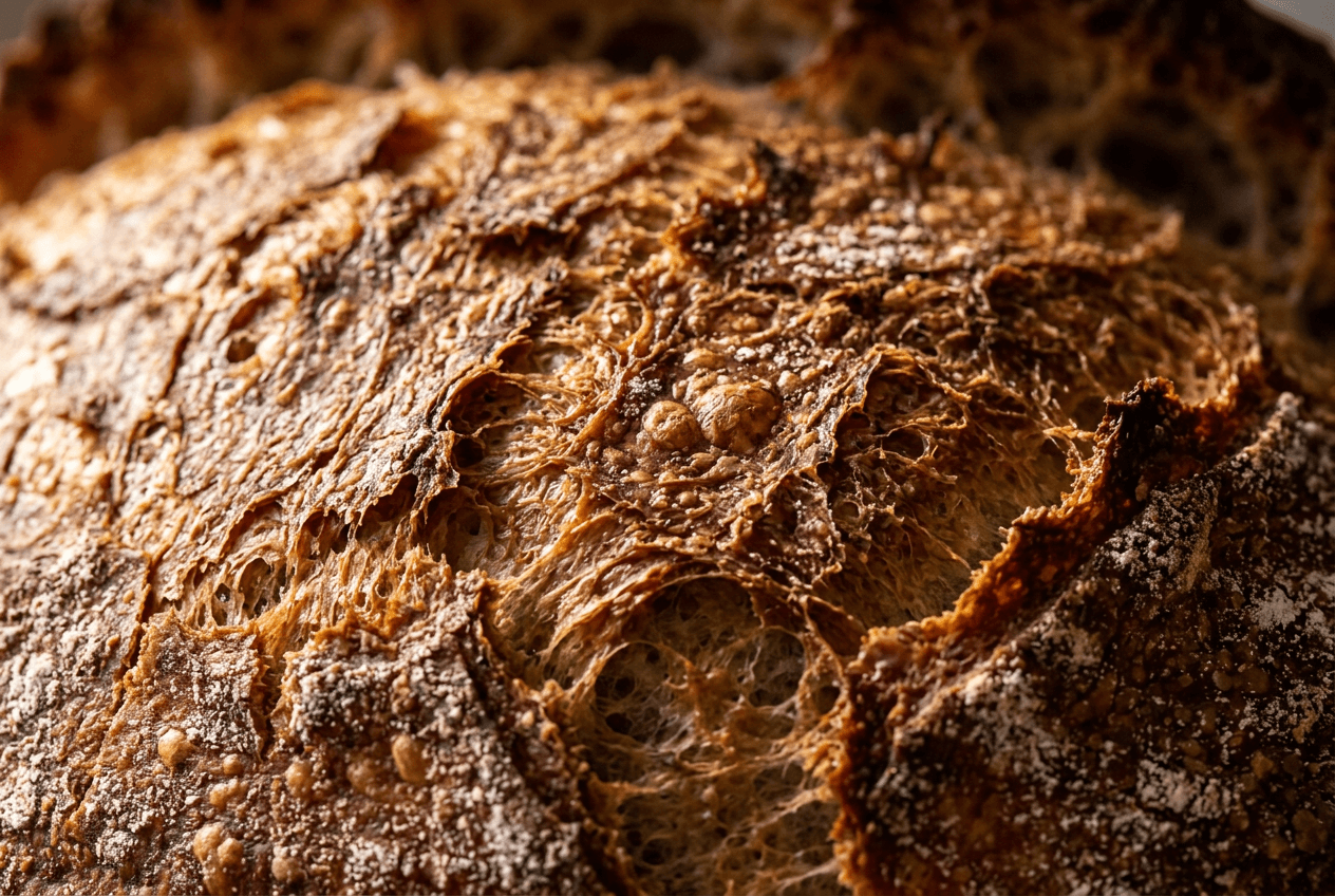 Texture emphasis food photography technique showing extreme close-up of sourdough bread crust details