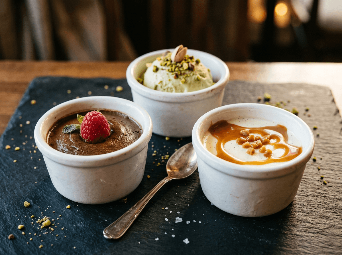 Triangular composition food photography technique with three dessert ramekins arranged in triangle formation